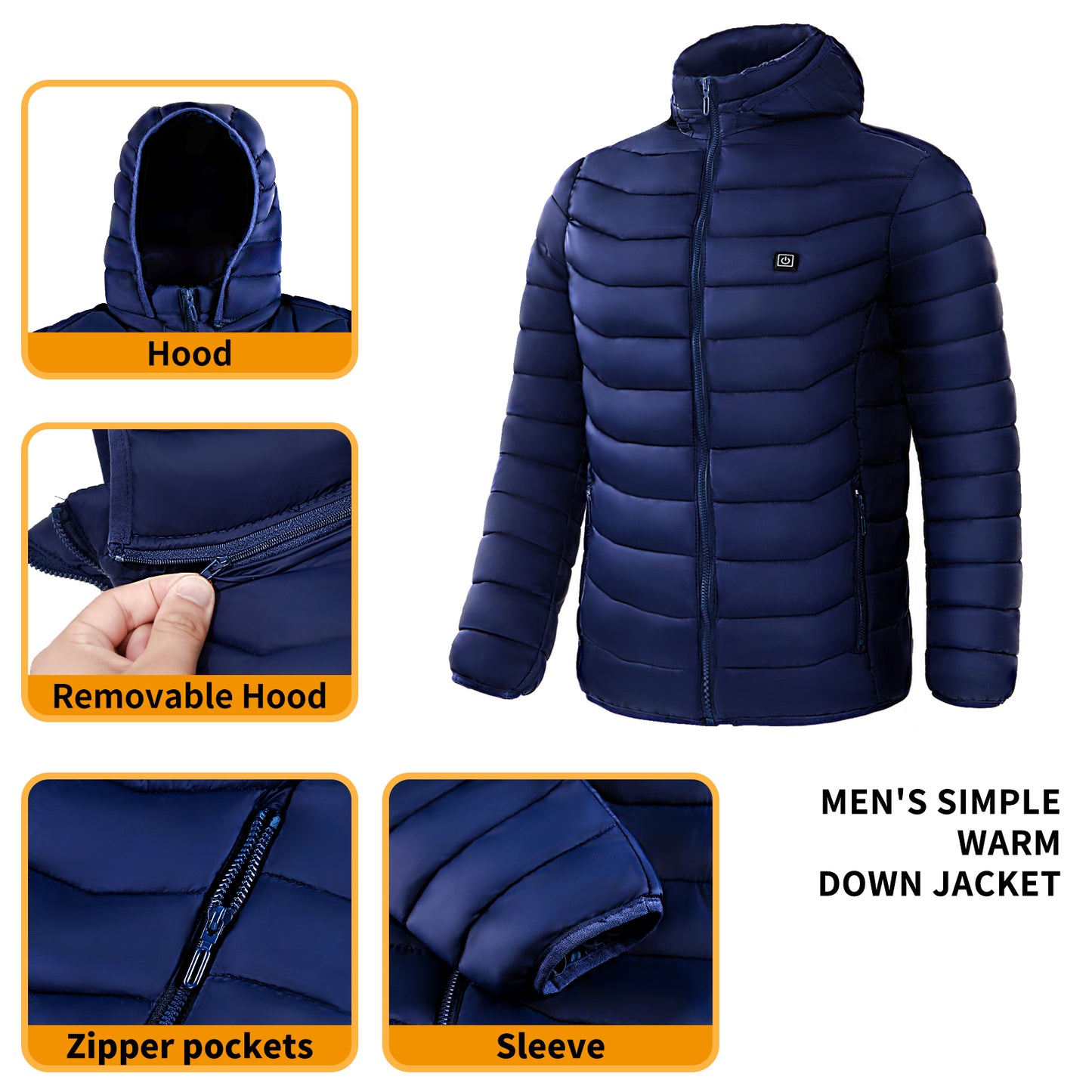 Men Heated Puffer Jacket Electric Heating Coat Insulated Hood Windbreaker 4 Heat Zones